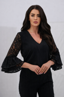 Stylowa bluzka damska koronkowy rękaw 3/4 dekolt V - czarny